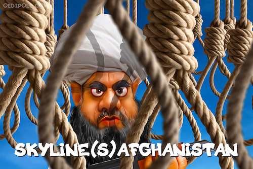 Cartoon: Skyline Afghanistan (medium) by Bart van Leeuwen tagged skyline,taliban,afghanistan,gallops,sharia,islam,rope,hang,up,terrorism