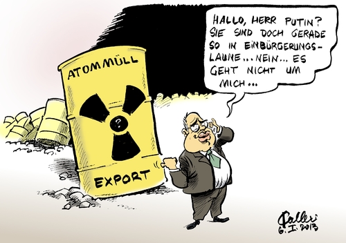 Cartoon: Ausbürgerung (medium) by Paolo Calleri tagged standards,sicherheit,endlager,hintertür,atomgesetz,export,ausland,hochradioaktiv,radioaktiv,spekulationen,altmaier,peter,umweltminister,bundesumweltminister,atommüll,atom,deutschland,deutschland,atom,atommüll,bundesumweltminister,umweltminister,peter,altmaier,spekulationen,radioaktiv,hochradioaktiv,ausland,export,atomgesetz,hintertür,endlager,sicherheit,standards