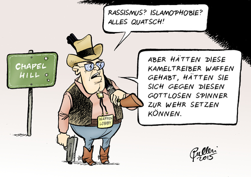 Cartoon: Chapel Hill (medium) by Paolo Calleri tagged cartoon,karikatur,religion,glauben,sicherheit,atheist,gesellschaft,diskussion,waffenlobby,islamophobie,rassismus,motiv,gewalt,schusswaffe,waffengesetz,waffen,islam,muslime,hicks,steven,craig,parkplatz,carolina,north,hill,chapel,usa,paolo,calleri,usa,chapel,hill,north,carolina,parkplatz,craig,steven,hicks,muslime,islam,waffen,schusswaffe,motiv,rassismus,islamophobie,waffenlobby,diskussion,gesellschaft,atheist,sicherheit,glauben,religion,karikatur,cartoon,paolo,calleri