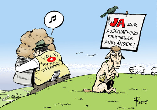 Cartoon: Durchsetzungsinitiative (medium) by Paolo Calleri tagged schweiz,ch,volk,volksabstimmung,direkte,demokratie,verschaerfung,auslaenderrecht,ablehnung,auslaender,kriminelle,durchsetzungsinitiative,initiative,ausschaffung,abschiebung,svp,schweizerische,volkspartei,rechtskonservative,rechtspopulismus,karikatur,cartoon,paolo,calleri,schweiz,ch,volk,volksabstimmung,direkte,demokratie,verschaerfung,auslaenderrecht,ablehnung,auslaender,kriminelle,durchsetzungsinitiative,initiative,ausschaffung,abschiebung,svp,schweizerische,volkspartei,rechtskonservative,rechtspopulismus,karikatur,cartoon,paolo,calleri