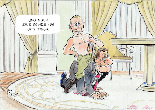 Cartoon: Eingespannt (medium) by Paolo Calleri tagged ukraine,krieg,russland,moskau,gespraech,tisch,putin,schroeder,vermittlung,lobbyismus,karikatur,cartoon,paolo,calleri,ukraine,krieg,russland,moskau,gespraech,tisch,putin,schroeder,vermittlung,lobbyismus,karikatur,cartoon,paolo,calleri