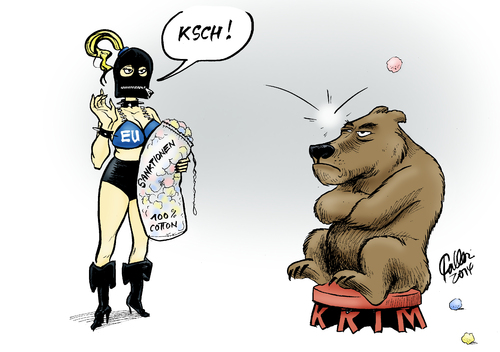 Cartoon: EU-Sanktionen (medium) by Paolo Calleri tagged eu,russland,ukraine,krim,krise,präsident,wladimir,putin,konsequenzen,sanktionen,verhandlungen,aussetzen,strafmaßnahmen,grundlagenabkommen,visa,erleichterungen,drei,stufen,schritt,aufforderung,rückzug,karikatur,cartoon,paolo,calleri,eu,russland,ukraine,krim,krise,präsident,wladimir,putin,konsequenzen,sanktionen,verhandlungen,aussetzen,strafmaßnahmen,grundlagenabkommen,visa,erleichterungen,drei,stufen,schritt,aufforderung,rückzug,karikatur,cartoon,paolo,calleri