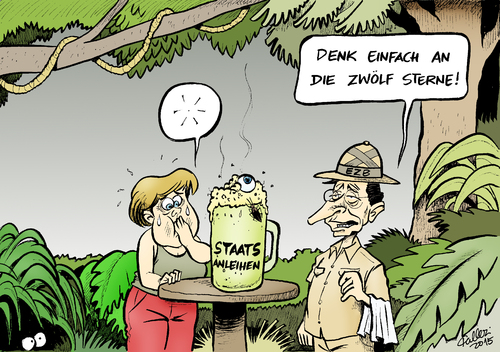 Cartoon: Eurocamp (medium) by Paolo Calleri tagged eu,deutschland,ezb,europaeische,zentralbank,mario,draghi,staatsanleihen,anleihenkaeufe,kritik,bundeskanzlerin,angela,merkel,euro,schuldenstaaten,schuldenkrise,bankenkrise,waehrung,waehrungsunion,tv,rtl,dschungelpruefung,dschungelcamp,ekelpruefungen,finanzen,wirtschaft,arbeit,soziales,innenpolitik,aussenpolitik,karikatur,cartoon,paolo,calleri,eu,deutschland,ezb,europaeische,zentralbank,mario,draghi,staatsanleihen,anleihenkaeufe,kritik,bundeskanzlerin,angela,merkel,euro,schuldenstaaten,schuldenkrise,bankenkrise,waehrung,waehrungsunion,tv,rtl,dschungelpruefung,dschungelcamp,ekelpruefungen,finanzen,wirtschaft,arbeit,soziales,innenpolitik,aussenpolitik,karikatur,cartoon,paolo,calleri