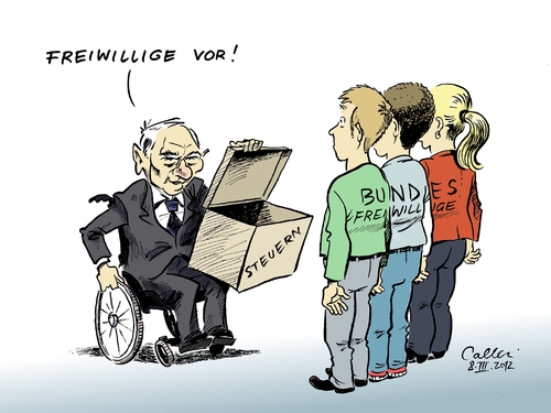 Cartoon: Freiwillige vor! (medium) by Paolo Calleri tagged bundesfinanzminister,wolfgang,schäuble,bundesfreiwillige,bufdis,steuern,besteuerung,freiwilliger,wehrdienst,bundesfreiwilligendienst,besoldung,gehalt,bundesfinanzministerium,bundesfinanzminister,wolfgang schäuble,bundesfreiwillige,steuern,besteuerung,freiwilliger,bundesfreiwilligendienst,wehrdienst,wolfgang,schäuble