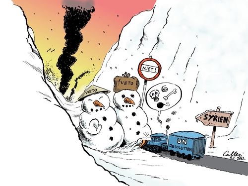 Cartoon: Frostige Zeiten (medium) by Paolo Calleri tagged empörung,regierungstruppen,aufstand,verletzte,tote,homs,kämpfe,sicherheitsrat,uno,assad,al,baschar,damaskus,regime,syrien,resolution,veto,un,russland,china,china,russland,un,veto,resolution,syrien,regime,damaskus,assad,uno,sicherheitsrat,kämpfe