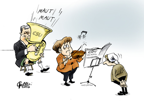 Cartoon: Hintergrundmusik (medium) by Paolo Calleri tagged deutschland,bundesagswahl,2013,wahlkampf,cdu,csu,wahlprogramm,koalitionsbedingungen,pkw,maut,landtagswahl,bayern,ministerpräsident,horst,seehofer,bundeskanzlerin,angela,merkel,karikatur,paolo,calleri,deutschland,bundesagswahl,2013,wahlkampf,cdu,csu,wahlprogramm,koalitionsbedingungen,pkw,maut,landtagswahl,bayern,ministerpräsident,horst,seehofer,bundeskanzlerin,angela,merkel,karikatur,paolo,calleri