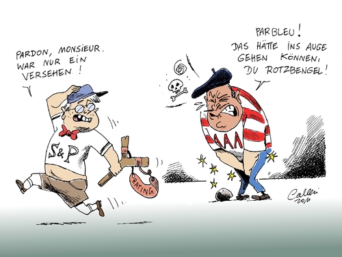 Cartoon: Knapp vorbei ist auch getroffen (medium) by Paolo Calleri tagged finanzkrise,schuldenkrise,märkte,fehler,kreditwürdigkeit,aaa,bestnotte,herabstufung,poors,and,standard,ratingagentur,rating,frankreich,frankreich,rating,standard,herabstufung,kreditwürdigkeit,rating agentur,agentur