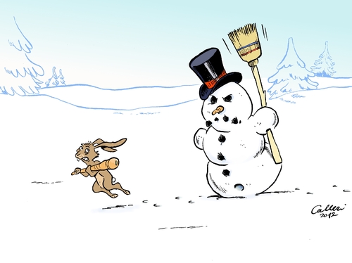 Cartoon: Mundraub (medium) by Paolo Calleri tagged winterlandschaft,winter,raub,diebstahl,mundraub,hase,karotte,schneemann,schnee,schnee,schneemann,karotte,hase,mundraub,diebstahl,raub,winter