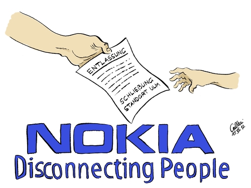 Cartoon: Nokia (medium) by Paolo Calleri tagged hersteller,stellenabbau,weltweit,kündigungen,konzern,schließung,einstiegshandys,innovation,entwicklungszentrum,verlust,finnisch,finnland,handy,beschäftigte,entwicklung,standort,ulm,nokia,firmenlogo,nokia,standort,ulm,entwicklung,beschäftigte,handy,finnland,finnisch,verlust,entwicklungszentrum,innovation