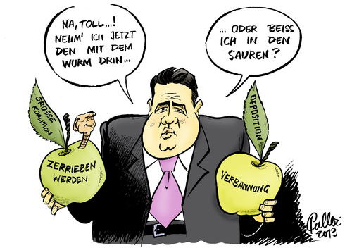 Cartoon: Qual der Wahl (medium) by Paolo Calleri tagged bundestagswahl,2013,cdu,bundeskanzlerin,angela,merkel,spd,koalitionsgespräche,große,koalition,opposition,sigmar,gabriel,karikatur,paolo,calleri,bundestagswahl,2013,cdu,bundeskanzlerin,angela,merkel,spd,koalitionsgespräche,große,koalition,opposition,sigmar,gabriel,karikatur,paolo,calleri