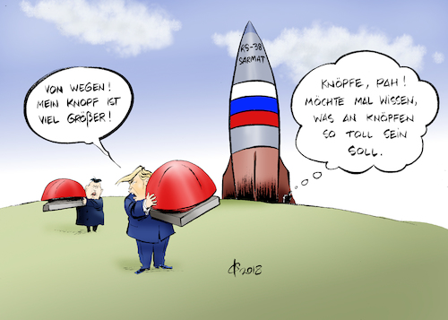 Cartoon: RS-28 Sarmat (medium) by Paolo Calleri tagged russland,usa,nordkorea,waffen,atomwaffen,bedrohungen,kim,jong,un,donald,trump,wladimir,putin,karikatur,cartoon,paolo,calleri,russland,usa,nordkorea,waffen,atomwaffen,bedrohungen,kim,jong,un,donald,trump,wladimir,putin,karikatur,cartoon,paolo,calleri