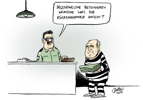 Cartoon: Rückennummer (medium) by Paolo Calleri tagged deutschland,bayern,fc,münchen,sport,fußball,verein,club,präsident,uli,hoeneß,steuerhinterziehung,selbstanzeige,urteil,haftstrafe,freiheitsstrafe,karikatur,cartoon,paolo,calleri,deutschland,bayern,fc,münchen,sport,fußball,verein,club,präsident,uli,hoeneß,steuerhinterziehung,selbstanzeige,urteil,haftstrafe,freiheitsstrafe,karikatur,cartoon,paolo,calleri