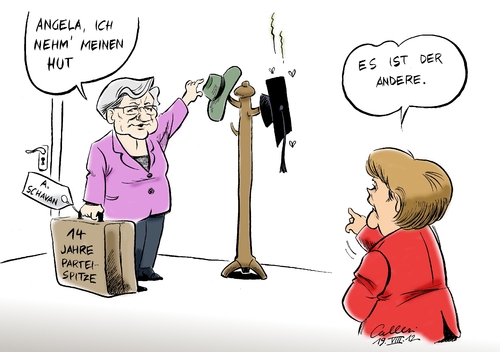 Cartoon: Rückzug (medium) by Paolo Calleri tagged annette,bundesbildungsministerin,schavan,cdu,spitze,parteiführung,bundeskanzlerin,angela,merkel,stellvertreterin,doktortitel,plagiatsvorwürfe,doktorarbeit,bundesbildungsministerin,annette,cdu,spitze,parteiführung,bundeskanzlerin,merkel,stellvertreterin