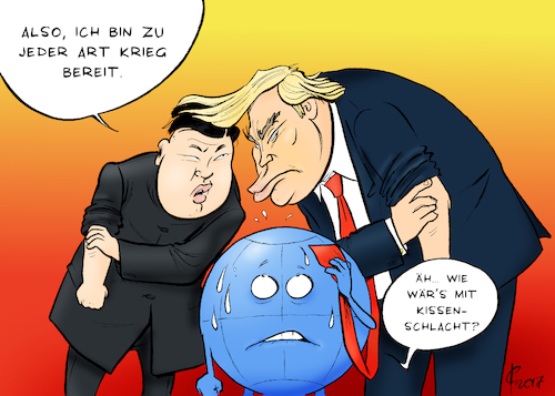 Cartoon: Säbelrasseln (medium) by Paolo Calleri tagged nordkorea,pjoengjang,regime,kim,jong,un,usa,praesident,donald,trump,armee,militaer,atomwaffen,test,provokationen,krieg,konflikt,weltkrieg,flugzeugtraeger,kueste,gewaesser,drohung,karikatur,cartoon,paolo,calleri,nordkorea,pjoengjang,regime,kim,jong,un,usa,praesident,donald,trump,armee,militaer,atomwaffen,test,provokationen,krieg,konflikt,weltkrieg,flugzeugtraeger,kueste,gewaesser,drohung,karikatur,cartoon,paolo,calleri