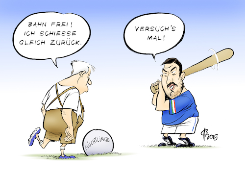 Cartoon: Spielball (medium) by Paolo Calleri tagged eu,deutschland,italien,horst,seehofer,inneminister,matteo,salvini,fluechtlinge,asyl,asylbewerber,asylkrise,debatte,rechtspopulismus,lega,csu,nationalismus,werte,karikatur,cartoon,paolo,calleri,eu,deutschland,italien,horst,seehofer,inneminister,matteo,salvini,fluechtlinge,asyl,asylbewerber,asylkrise,debatte,rechtspopulismus,lega,csu,nationalismus,werte,karikatur,cartoon,paolo,calleri