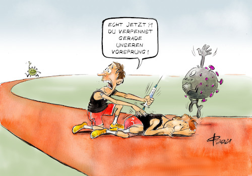 Cartoon: Staffellauf (medium) by Paolo Calleri tagged welt,eu,europa,deutschland,impfungen,covid,19,impfstoffe,corona,erkrankungen,inzidenzen,welle,vierte,impfmuede,wirtschaft,gesellschaft,herbst,schliessungen,lockdpown,testungen,neuinfektionen,varianten,mutationen,mutanten,delta,verantwortung,kinder,schule,familien,medizin,gesundheit,wissenschaft,karikatur,cartoon,paolo,calleri,welt,eu,europa,deutschland,impfungen,covid,19,impfstoffe,corona,erkrankungen,inzidenzen,welle,vierte,impfmuede,wirtschaft,gesellschaft,herbst,schliessungen,lockdpown,testungen,neuinfektionen,varianten,mutationen,mutanten,delta,verantwortung,kinder,schule,familien,medizin,gesundheit,wissenschaft,karikatur,cartoon,paolo,calleri