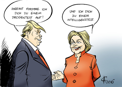 Cartoon: Testkandidaten (medium) by Paolo Calleri tagged usa,praesidentschaft,wahlen,kandidaten,donald,trump,hillary,clinton,tv,duell,debatte,forderung,drogen,test,republikaner,demokraten,karikatur,cartoon,paolo,calleri,usa,praesidentschaft,wahlen,kandidaten,donald,trump,hillary,clinton,tv,duell,debatte,forderung,drogen,test,republikaner,demokraten,karikatur,cartoon,paolo,calleri