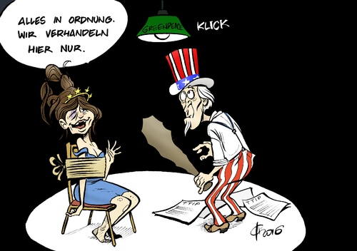 Cartoon: TTIP-Verhandlungen (medium) by Paolo Calleri tagged usa,eu,europa,ttip,freihandelsabkommen,handel,wirtschaft,verhandlungen,druck,druckmittel,gegner,kritiker,greenpeace,veroeffentlichung,unterlagen,karikatur,cartoon,paolo,calleri,usa,eu,europa,ttip,freihandelsabkommen,handel,wirtschaft,verhandlungen,druck,druckmittel,gegner,kritiker,greenpeace,veroeffentlichung,unterlagen,karikatur,cartoon,paolo,calleri