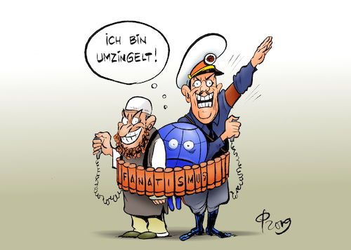 Cartoon: Umzingelt (medium) by Paolo Calleri tagged welt,religion,nationalismus,fanatismus,nationen,faschismus,rechtspopulismus,hass,islamisten,islamismus,neuseeland,christchurch,parteien,regierungen,ethnien,minderheiten,gesellschaft,politik,konflikte,gewalt,terror,tote,opfer,karikatur,cartoon,paolo,calleri,welt,religion,nationalismus,fanatismus,nationen,faschismus,rechtspopulismus,hass,islamisten,islamismus,neuseeland,christchurch,parteien,regierungen,ethnien,minderheiten,gesellschaft,politik,konflikte,gewalt,terror,tote,opfer,karikatur,cartoon,paolo,calleri