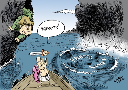 Cartoon: Wahlkampf-Odyssee (medium) by Paolo Calleri tagged bundestag,wahlkampf,wahlen,charybdis,skylla,odysseus,odyssee,kreis,seeheimer,parteilinke,2013,bundestagswahl,herausforderer,merkel,angela,bundeskanzlerin,kanzlerkandidat,steinbrück,peer,deutschland,partei,sozialdemokratische,spd,spd,sozialdemokratische,partei,deutschland,peer,steinbrück,kanzlerkandidat,bundeskanzlerin,angela,merkel,herausforderer,bundestagswahl,2013,parteilinke,seeheimer,kreis,odyssee,odysseus,skylla,charybdis,wahlen,wahlkampf,bundestag