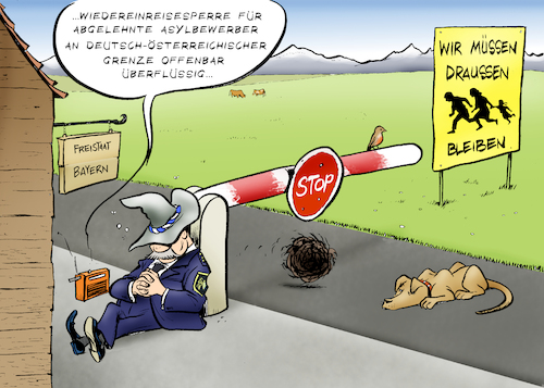 Cartoon: Wiedereinreisesperre (medium) by Paolo Calleri tagged deutschland,oesterreich,bayern,grenze,grenzordnung,bundesinnenminister,horst,seehofer,csu,aslystreit,asylbewerber,fluechtlinge,gefluechtete,abgewiesen,populismus,rechtspopulismus,karikatur,cartoon,paolo,calleri,deutschland,oesterreich,bayern,grenze,grenzordnung,bundesinnenminister,horst,seehofer,csu,aslystreit,asylbewerber,fluechtlinge,gefluechtete,abgewiesen,populismus,rechtspopulismus,karikatur,cartoon,paolo,calleri