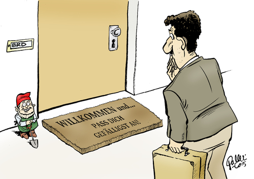 Cartoon: Willkommenskultur (medium) by Paolo Calleri tagged deutschland,weltoffenheit,umfrage,emnid,bertelsmann,stiftung,selbstbild,willkommenskultur,immigration,anpassung,integration,ansprueche,forderung,auslaender,asylanten,zuwanderung,einwanderungsland,ost,west,pegida,sachsen,dresden,karikatur,cartoon,paolo,calleri,deutschland,weltoffenheit,umfrage,emnid,bertelsmann,stiftung,selbstbild,willkommenskultur,immigration,anpassung,integration,ansprueche,forderung,auslaender,asylanten,zuwanderung,einwanderungsland,ost,west,pegida,sachsen,dresden,karikatur,cartoon,paolo,calleri