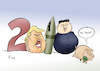 Cartoon: Prost Neujahr! (small) by Paolo Calleri tagged welt,silvester,neujahr,ansprache,neujahrsrede,nordkorea,kim,jong,un,drohung,usa,praesident,donald,trump,atomwaffen,atomkrieg,2018,atomsprengkoepfe,atomprogramm,konflikt,karikatur,cartoon,paolo,calleri