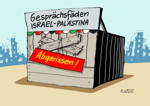 Cartoon: Abgerissenes (medium) by RABE tagged israel,hamas,palästina,palästinenser,westjordanland,nahost,gazastreifen,gewalt,hass,rabe,ralf,böhme,cartoon,karikatur,pressezeichnung,farbcartoon,tagescartoon,wüste,ruinen,bomben,tod,bude,verkaufsstand,kiosk,fäden,gespräch,gesprächsfäden,israel,hamas,palästina,palästinenser,westjordanland,nahost,gazastreifen,gewalt,hass,rabe,ralf,böhme,cartoon,karikatur,pressezeichnung,farbcartoon,tagescartoon,wüste,ruinen,bomben,tod,bude,verkaufsstand,kiosk,fäden,gespräch,gesprächsfäden