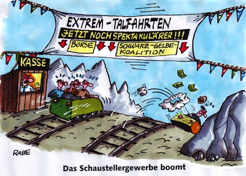 Cartoon: Abgrundtiefes (medium) by RABE tagged euro,dollar,krise,schuldenkrise,finanzkrise,rettungsschirm,eurobonds,eu,brüssel,börse,börsianer,spekulanten,anleger,kredit,zinsen,steuern,steuerzahler,schulden,dax,dowjones,ratingagentur,merkel,kanzlerin,bundesregierung,koalition,koalitionsstreit,koalitionspartner,umfragewerte,umfragetief,spektakuläres,tiefe,abgrund,absturz,tal,talfahrt,abschwung,konjunktur,rezension,kasse,schausteller,rummel,rummelplatz,gleise,schienen,bahn,wagon,boom,extremes,gebirge,berge,felsmassiv,transparent,euro,dollar,krise,schuldenkrise,finanzkrise,rettungsschirm,eurobonds,eu,brüssel,börse,börsianer,spekulanten