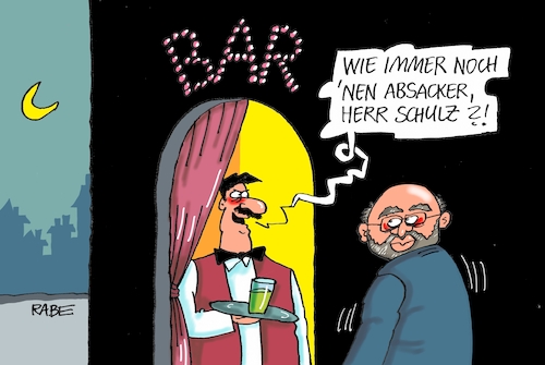 Cartoon: Absacker (medium) by RABE tagged martin,schulz,spd,wahlkampf,bundestagswahl,beamte,rentenkasse,rabe,ralf,böhme,cartoon,karikatur,pressezeichnung,farbcartoon,tagescartoon,rentner,nahles,gleichberechtigung,umfragewerte,umfragetief,absacker,politbarometer,wahlsonntag,wahlergebnisse,bar,barkeeper,martin,schulz,spd,wahlkampf,bundestagswahl,beamte,rentenkasse,rabe,ralf,böhme,cartoon,karikatur,pressezeichnung,farbcartoon,tagescartoon,rentner,nahles,gleichberechtigung,umfragewerte,umfragetief,absacker,politbarometer,wahlsonntag,wahlergebnisse,bar,barkeeper