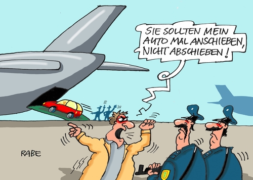 Cartoon: Abschiebung (medium) by RABE tagged abschiebung,ausländer,flüchtlinge,eu,flüchtlingsheim,flüchtlingsdebatte,abschiebepraxis,ausländerhass,wirtschaftsflüchtling,rabe,ralf,böhme,cartoon,karikatur,pressezeichnung,farbcartoon,tagescartoon,flugzeug,flughafen,politei,pkw,havarie,anschieben,abschiebung,ausländer,flüchtlinge,eu,flüchtlingsheim,flüchtlingsdebatte,abschiebepraxis,ausländerhass,wirtschaftsflüchtling,rabe,ralf,böhme,cartoon,karikatur,pressezeichnung,farbcartoon,tagescartoon,flugzeug,flughafen,politei,pkw,havarie,anschieben