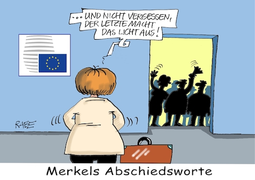 Cartoon: Abschied is ein scharfes Schwert (medium) by RABE tagged merkel,bundeskanzlerin,reden,regierungserklärungen,eu,gipfel,rabe,ralf,böhme,cartoon,karikatur,pressezeichnung,farbcartoon,tagescartoon,abschied,abschiedsrede,europarat,brüssel,licht,lichtschalter,verabschiedung,gipfeltreffen,europagipfel,merkel,bundeskanzlerin,reden,regierungserklärungen,eu,gipfel,rabe,ralf,böhme,cartoon,karikatur,pressezeichnung,farbcartoon,tagescartoon,abschied,abschiedsrede,europarat,brüssel,licht,lichtschalter,verabschiedung,gipfeltreffen,europagipfel