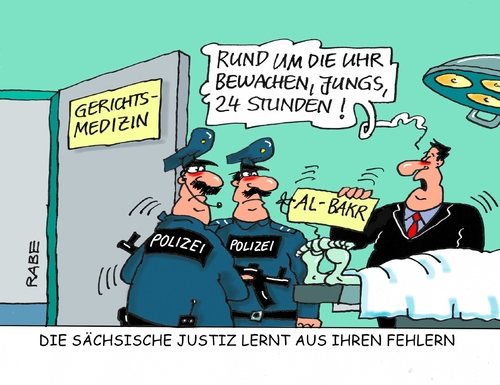 Cartoon: Al Bakr (medium) by RABE tagged al,bakr,syrer,attentat,leipzig,sachsen,zelle,justizvollzug,selbstmord,selbstmordattentäter,sprengstoffgürtel,justizminister,rabe,ralf,böhme,cartoon,karikatur,pressezeichnung,farbcartoon,tagescartoon,gerichtsmedizin,bewachung,leichenschauhaus,obduktion,polizei,polizeipräsident,al,bakr,syrer,attentat,leipzig,sachsen,zelle,justizvollzug,selbstmord,selbstmordattentäter,sprengstoffgürtel,justizminister,rabe,ralf,böhme,cartoon,karikatur,pressezeichnung,farbcartoon,tagescartoon,gerichtsmedizin,bewachung,leichenschauhaus,obduktion,polizei,polizeipräsident