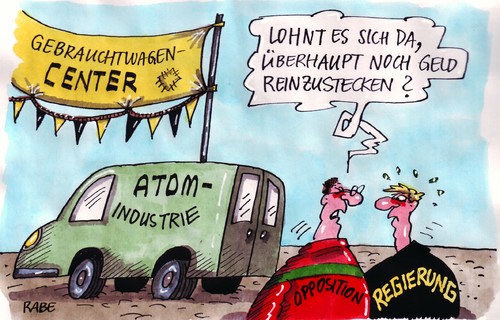 Cartoon: Alte Hütte (medium) by RABE tagged gebrauchtwagenhändler,gebrauchtwagen,schrottpresse,schrott,automarkt,autohändler,stilllegung,atommoratorium,anierungskosten,sanierung,umweltgefahr,strahlung,reaktor,kernkraftwerk,atomausstieg,atomindustrie,atomlobby,umweltminister,wirtschaftsminister,csu,spd,linke,grüne,schwarzgelb,koalition,opposition,cdu,merkel,kanzlerin,bundesregierung,bundesregierung,kanzlerin,merkel,cdu,opposition,koalition