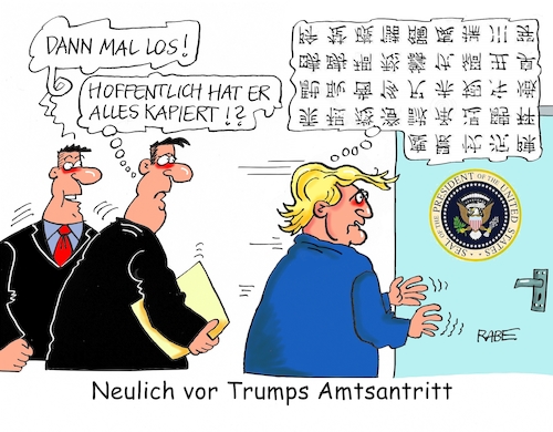 Cartoon: Amtsantritt (medium) by RABE tagged trump,obama,usa,us,washington,amtsantritt,präsident,präsidentschaftswahl,rabe,ralf,böhme,cartoon,karikatur,pressezeichnung,farbcartoon,tagescartoon,donald,oval,office,white,house,verstand,china,schrift,bahnhof,trump,obama,usa,us,washington,amtsantritt,präsident,präsidentschaftswahl,rabe,ralf,böhme,cartoon,karikatur,pressezeichnung,farbcartoon,tagescartoon,donald,oval,office,white,house,verstand,china,schrift,bahnhof