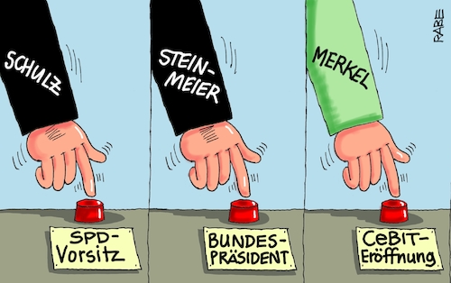 Cartoon: Amtsübernahmen (medium) by RABE tagged merkel,schulz,gabriel,steinmeier,gauck,kanzlerin,bundespräsident,spd,vorsitz,amtseinführung,rabe,ralf,böhme,cartoon,karikatur,pressezeichnung,farbcartoon,tagescartoon,knopf,start,bellevue,cebit,hannover,merkel,schulz,gabriel,steinmeier,gauck,kanzlerin,bundespräsident,spd,vorsitz,amtseinführung,rabe,ralf,böhme,cartoon,karikatur,pressezeichnung,farbcartoon,tagescartoon,knopf,start,bellevue,cebit,hannover