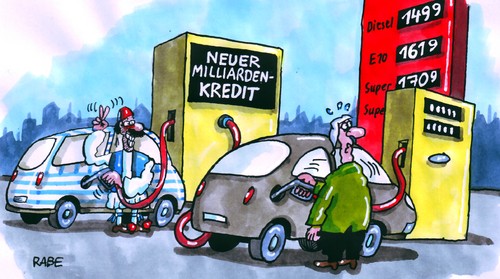 Cartoon: Angezapft (medium) by RABE tagged griechenland,euro,schäuble,rettungsschirm,schuldenschnitt,banken,gläubiger,tankstelle,zapfsäule,benzinpreise,kraftfahrer,michel,steuerzahler,diesel,griechenland,euro,schäuble,rettungsschirm,schuldenschnitt,gläubiger,banken