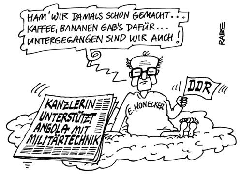 Cartoon: Angolanisches (medium) by RABE tagged aufrüstung,armee,verteidigungsmnister,petrus,himmelspforte,himmelreich,kaffee,bananen,untergang,jenseits,engel,wolke,himmel,schlagzeile,nachrichten,zeitung,staatschef,honecker,erich,ddr,unterstützung,afrika,angola,waffenlobby,militärtechnik,panzer,patrouillenboote,waffenlieferung,waffengeschäft,militärhilfe,krise,euro,staatsbesuch,westerwelle,fdp,außenmnister,cdu,kanzlerin,merkel,bundesrepublik,bundesrepublik,merkel,kanzlerin,cdu,fdp,westerwelle,staatsbesuch