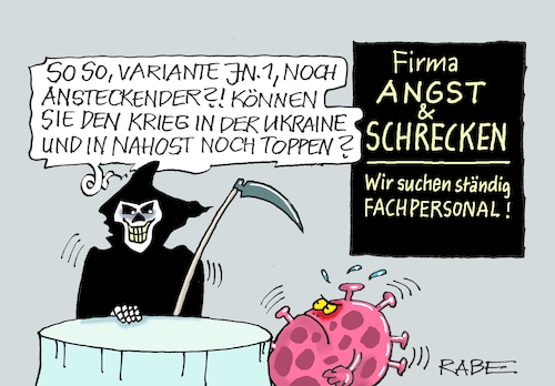 Cartoon: Angst und Schrecken (medium) by RABE tagged krise,krisenzeiten,klimakrise,ukrainekrieg,inflation,rückzug,rabe,ralf,böhme,cartoon,karikatur,pressezeichnung,farbcartoon,tagescartoon,angst,schrecken,nahost,gazakrieg,israel,palästina,tod,sensenmann,sense,firma,einstellungsgespräch,bewerbung,corona,coronapandemie,ansteckung,krise,krisenzeiten,klimakrise,ukrainekrieg,inflation,rückzug,rabe,ralf,böhme,cartoon,karikatur,pressezeichnung,farbcartoon,tagescartoon,angst,schrecken,nahost,gazakrieg,israel,palästina,tod,sensenmann,sense,firma,einstellungsgespräch,bewerbung,corona,coronapandemie,ansteckung