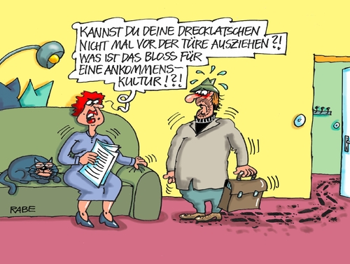 Cartoon: Ankommenskultur (medium) by RABE tagged ankommen,ankommenskultur,innenminister,flüchtlinge,flüchtlingskrise,willkommenskultur,sicherheit,flüchtlingsunterkunft,abschiebung,aufnahmeantrag,integration,benehmen,kriminalität,is,rabe,ralf,böhme,cartoon,karikatur,pressezeichnung,farbcartoon,tagescartoon,mann,frau,ehepaar,wohnung,dienstschluß,feierabend,dreck,schmutz,schuhe,teppich,abtreter,vorleger,drecklatschen,latschen,ankommen,ankommenskultur,innenminister,flüchtlinge,flüchtlingskrise,willkommenskultur,sicherheit,flüchtlingsunterkunft,abschiebung,aufnahmeantrag,integration,benehmen,kriminalität,is,rabe,ralf,böhme,cartoon,karikatur,pressezeichnung,farbcartoon,tagescartoon,mann,frau,ehepaar,wohnung,dienstschluß,feierabend,dreck,schmutz,schuhe,teppich,abtreter,vorleger,drecklatschen,latschen