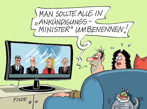 Cartoon: Ankündigungen (medium) by RABE tagged merz,kanzler,koalition,union,spd,klingbeil,cartoon,karikatur,pressezeichnung,farbcartoon,tagescartoon,db,bahn,frühling,frühjahr,frühjahrsputz,ice,zug,blumenkasten,blumenkästen,söder,bärbel,bas,ankündigungen,ankündigungsminister,reformen,spritpreise,entlastungen,mineralölsteuer,tv,news,katze,merz,kanzler,koalition,union,spd,klingbeil,cartoon,karikatur,pressezeichnung,farbcartoon,tagescartoon,db,bahn,frühling,frühjahr,frühjahrsputz,ice,zug,blumenkasten,blumenkästen,söder,bärbel,bas,ankündigungen,ankündigungsminister,reformen,spritpreise,entlastungen,mineralölsteuer,tv,news,katze