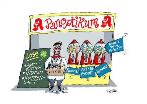 Cartoon: Apothekenstreik (medium) by RABE tagged gewerkschaften,tarife,tarifverhandlungen,streik,gew,verdi,rabe,ralf,böhme,cartoon,karikatur,pressezeichnung,farbcartoon,tagescartoon,apotheken,panoptikum,losbude,medikamente,insulin,lose,apotheker,kaugummiautomaten,arzneivorrat,gewerkschaften,tarife,tarifverhandlungen,streik,gew,verdi,rabe,ralf,böhme,cartoon,karikatur,pressezeichnung,farbcartoon,tagescartoon,apotheken,panoptikum,losbude,medikamente,insulin,lose,apotheker,kaugummiautomaten,arzneivorrat