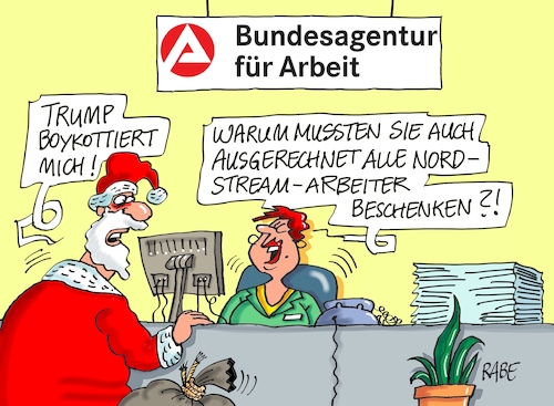 Cartoon: Arbeitsverbot (medium) by RABE tagged trump,präsident,usa,china,handelskrieg,strafzölle,peking,rabe,ralf,böhme,cartoon,karikatur,pressezeichnung,farbcartoon,tagescartoon,atomtests,atomgespräche,nordkorea,südkorea,bilanz,diagramm,boykott,nord,stream,ostseepipeline,russland,putin,fracking,rohre,rohrverlegung,firmen,arbeitsverbot,weihnachten,weihnachtsman,geschenke,bescherung,jobcenter,arbeitsamt,arbeitslos,trump,präsident,usa,china,handelskrieg,strafzölle,peking,rabe,ralf,böhme,cartoon,karikatur,pressezeichnung,farbcartoon,tagescartoon,atomtests,atomgespräche,nordkorea,südkorea,bilanz,diagramm,boykott,nord,stream,ostseepipeline,russland,putin,fracking,rohre,rohrverlegung,firmen,arbeitsverbot,weihnachten,weihnachtsman,geschenke,bescherung,jobcenter,arbeitsamt,arbeitslos