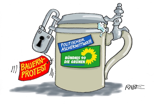 Cartoon: Aschemittwoch (medium) by RABE tagged karneval,fasching,karnevalsaison,saisonbeginn,narren,karnevalisten,feier,rabe,ralf,böhme,cartoon,karikatur,pressezeichnung,farbcartoon,tagescartoon,bundesregierung,ampelkoalition,ampel,narrenfreiheit,fastnacht,aschermittwoch,grüne,ampelregierung,ampelpolitik,biberach,bierzelt,maßkrug,masskrug,deckel,schloss,bauernprotest,bauernblockade,traktoren,sperre,vorhängeschloss,protest,karneval,fasching,karnevalsaison,saisonbeginn,narren,karnevalisten,feier,rabe,ralf,böhme,cartoon,karikatur,pressezeichnung,farbcartoon,tagescartoon,bundesregierung,ampelkoalition,ampel,narrenfreiheit,fastnacht,aschermittwoch,grüne,ampelregierung,ampelpolitik,biberach,bierzelt,maßkrug,masskrug,deckel,schloss,bauernprotest,bauernblockade,traktoren,sperre,vorhängeschloss,protest