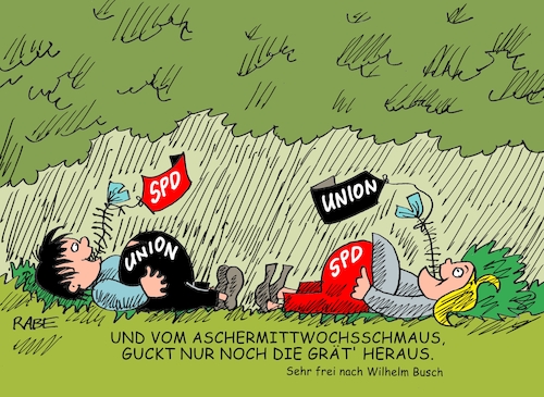 Cartoon: Aschermittwochgräten (medium) by RABE tagged nahles,spd,sozialdemokraten,groko,umfragetief,scholz,rabe,ralf,böhme,cartoon,karikatur,pressezeichnung,farbcartoon,tagescartoon,ruine,koalition,koalitionsvetrag,bruch,drahtseil,union,cdu,prügelknaben,aschermittwoch,fasching,fastenzeit,gräten,fisch,max,moritz,wilhelm,busch,bierzelt,heringsessen,nahles,spd,sozialdemokraten,groko,umfragetief,scholz,rabe,ralf,böhme,cartoon,karikatur,pressezeichnung,farbcartoon,tagescartoon,ruine,koalition,koalitionsvetrag,bruch,drahtseil,union,cdu,prügelknaben,aschermittwoch,fasching,fastenzeit,gräten,fisch,max,moritz,wilhelm,busch,bierzelt,heringsessen