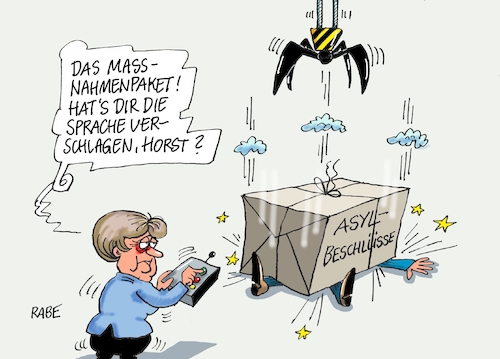 Cartoon: Asylpaket (medium) by RABE tagged asylbeschlüsse,eu,brüssel,merkel,cdu,union,csu,seehofer,söder,bayern,grenzen,flüchtlinge,nordafrika,auffanglager,migranten,aufnahmelager,lybien,marroko,algerien,tunesien,ägypten,rabe,ralf,böhme,cartoon,karikatur,pressezeichnung,farbcartoon,tagescartoon,streit,koalitionsstreit,kran,paket,asylbeschlüsse,eu,brüssel,merkel,cdu,union,csu,seehofer,söder,bayern,grenzen,flüchtlinge,nordafrika,auffanglager,migranten,aufnahmelager,lybien,marroko,algerien,tunesien,ägypten,rabe,ralf,böhme,cartoon,karikatur,pressezeichnung,farbcartoon,tagescartoon,streit,koalitionsstreit,kran,paket