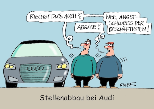 Cartoon: audi (medium) by RABE tagged klimawandel,umwelt,umweltministerin,schulze,sp,klimapreis,heizung,auto,rabe,ralf,böhme,cartoon,karikatur,pressezeichnung,farbcartoon,tagescartoon,brücke,bettler,verkehr,klimaprämie,friday,for,future,audi,autobauer,stellenabbau,angstschweiß,abgase,beschäftigte,arbeitsplatz,arbeitsplatzabbau,autos,pkw,autohersteller,autobosse,klimawandel,umwelt,umweltministerin,schulze,sp,klimapreis,heizung,auto,rabe,ralf,böhme,cartoon,karikatur,pressezeichnung,farbcartoon,tagescartoon,brücke,bettler,verkehr,klimaprämie,friday,for,future,audi,autobauer,stellenabbau,angstschweiß,abgase,beschäftigte,arbeitsplatz,arbeitsplatzabbau,autos,pkw,autohersteller,autobosse