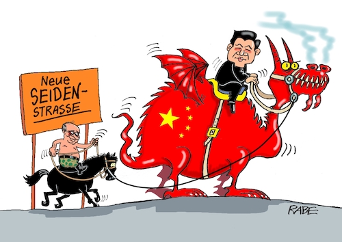 Cartoon: Auf dem Seidenstrassenpferd (medium) by RABE tagged usa,china,peking,aussenminister,drache,drachenrabe,ralf,böhme,cartoon,karikatur,pressezeichnung,farbcartoon,tagescartoon,schnee,bank,frost,eiszapfen,kälte,diplomatie,außenminister,qui,seidenstraße,putin,russland,pferd,rettung,staatschef,usa,china,peking,aussenminister,drache,drachenrabe,ralf,böhme,cartoon,karikatur,pressezeichnung,farbcartoon,tagescartoon,schnee,bank,frost,eiszapfen,kälte,diplomatie,außenminister,qui,seidenstraße,putin,russland,pferd,rettung,staatschef