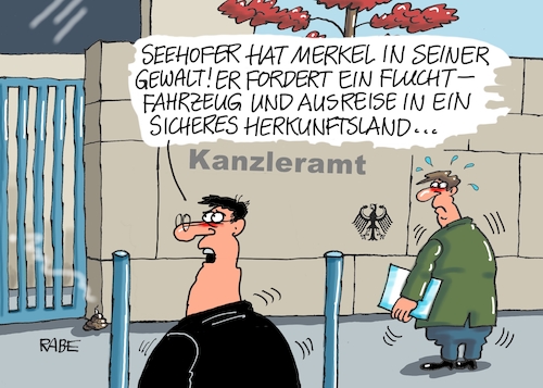 Cartoon: Auf der Flucht (medium) by RABE tagged markus,söder,csu,bayern,münchen,landesvorsitzender,horst,seehofer,merkel,cdu,union,streit,unionstreit,asylstreit,ultimatum,grenze,zurückweisung,flüchtlinge,grenzkontrollen,kanzleramt,koalition,groko,spd,regierungskrise,rücktritt,innenminister,asylgipfel,massnahmepaket,einlenken,markus,söder,csu,bayern,münchen,landesvorsitzender,horst,seehofer,merkel,cdu,union,streit,unionstreit,asylstreit,ultimatum,grenze,zurückweisung,flüchtlinge,grenzkontrollen,kanzleramt,koalition,groko,spd,regierungskrise,rücktritt,innenminister,asylgipfel,massnahmepaket,einlenken