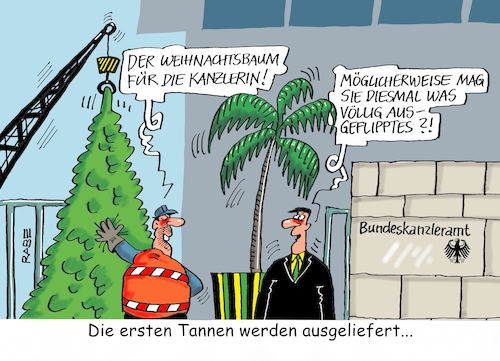 Cartoon: Auf die Palme (medium) by RABE tagged grüne,jamaika,sondierungsgespräche,regierungsbildung,amtshandlung,rabe,ralf,böhme,cartoon,karikatur,pressezeichnung,farbcartoon,tagescartoon,merkel,merkelraute,kanzleramt,kanzleramteingang,kanzleramtpforte,weihnachten,weihnachtsbaum,weihnachtstanne,tanne,auslieferung,palme,jamaikapalme,palmwedel,grüne,jamaika,sondierungsgespräche,regierungsbildung,amtshandlung,rabe,ralf,böhme,cartoon,karikatur,pressezeichnung,farbcartoon,tagescartoon,merkel,merkelraute,kanzleramt,kanzleramteingang,kanzleramtpforte,weihnachten,weihnachtsbaum,weihnachtstanne,tanne,auslieferung,palme,jamaikapalme,palmwedel